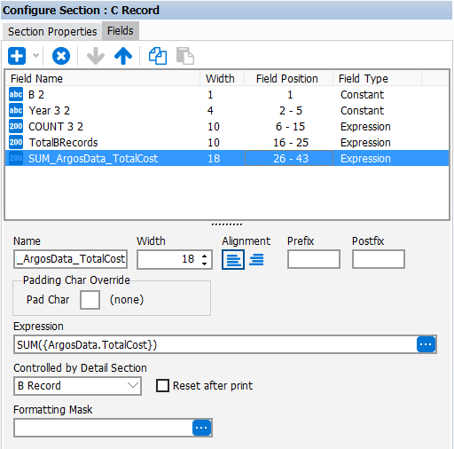 The C record with all fields added. The sum argos data field is highlighted showing the options that are chosen for the field. The name is auto populated, the width is 18, it is left-aligned, it is controlled by the B record detail section, and the expression is autofilled.
